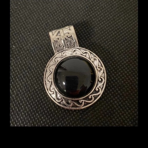 Vintage Black onyx in silver metal design frame pierced earrings with necklace - Picture 12 of 13